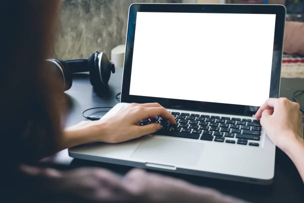istock Close up of female hands using laptop with blank screen on the desk. 672788872
