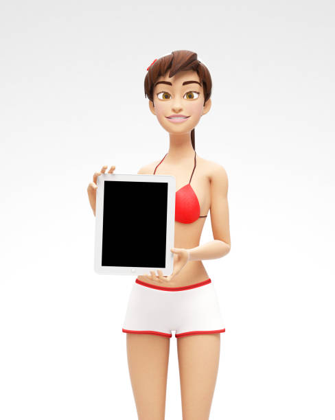 ilustrações de stock, clip art, desenhos animados e ícones de tablet device mockup with blank screen held by smiling and happy jenny - 3d cartoon female character in swimsuit bikini - young women computer digital tablet white background