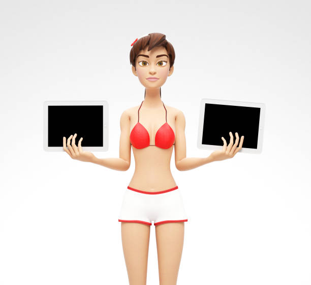 ilustrações de stock, clip art, desenhos animados e ícones de two tablet device mockups with blank screens held by serious jenny - 3d cartoon female character in swimsuit bikini - young women computer digital tablet white background