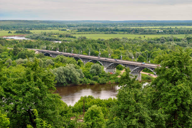Panoramic view of the bridge over the river Klyazma in the city of Vladimir stock photo