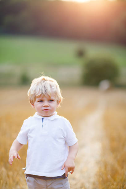 istock Happy blond kid boy enjoying sunset in wheat field. 672805632
