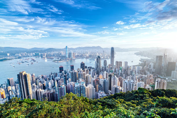 hong kong skyline bei sonnenaufgang - victoria peak stock-fotos und bilder