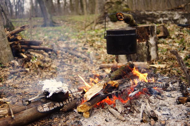 istock Tourist kettle on camp fire with tent on background. hand with stick about fire.a 672816254