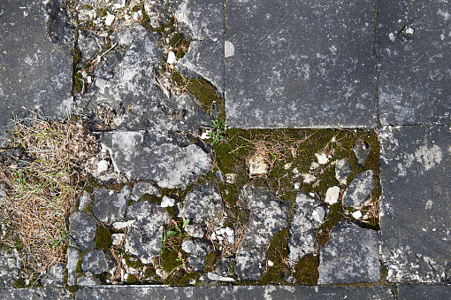 Stone building, covered with moss or lichen. Over time, affected