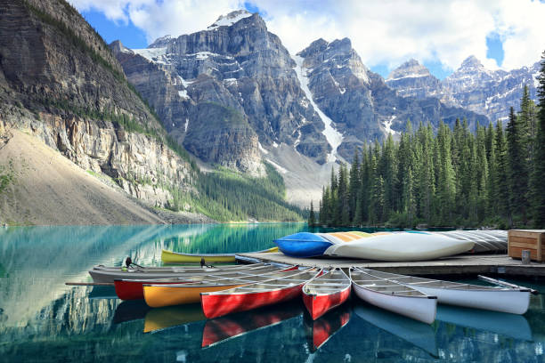 Moraine lake in the Rocky Mountains, Alberta, Canada Canoes on a jetty at Moraine lake, Banff national park in the Rocky Mountains, Alberta, Canada banff national park photos stock pictures, royalty-free photos & images