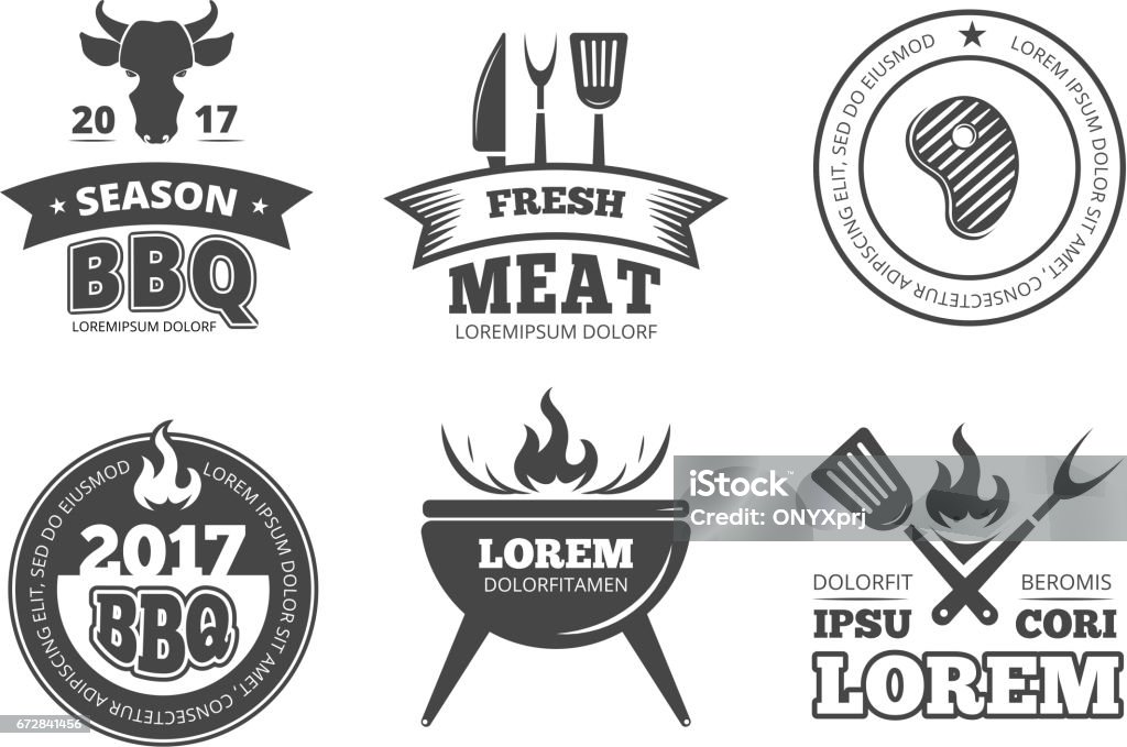 Barbecue, grill, bbq steak house restaurant vintage vector labels, badges, logos and emblems Barbecue, grill, bbq steak house restaurant vintage vector labels, badges, logos and emblems. Gril bbq emblem restaurant, illustration of vintage bbq label for menu Logo stock vector