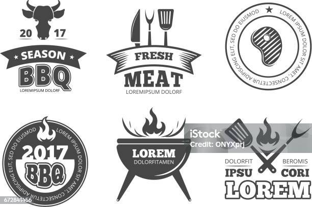 Barbecue Grill Bbq Steak House Restaurant Vintage Vector Labels Badges Logos And Emblems Stock Illustration - Download Image Now