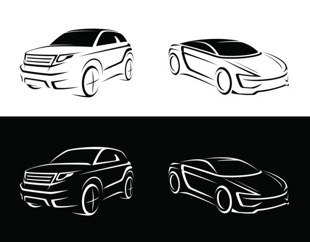 crossover, offroader, sports car sketch modern crossover, offroader sport car outlined sketch car sketches stock illustrations