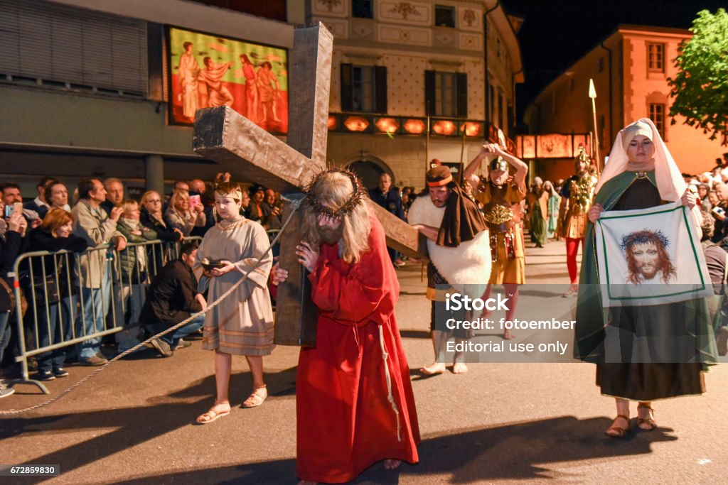 Annual procession of the crucifixion of Jesus Christ at easter Mendrisio: annual procession of the crucifixion of Jesus Christ at easter in Mendrisio on Switzerland Actor Stock Photo