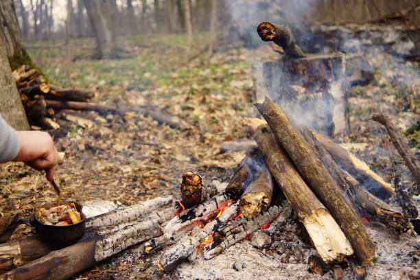istock Tourist kettle on camp fire with tent on background. hand with stick about fire.a 672867162