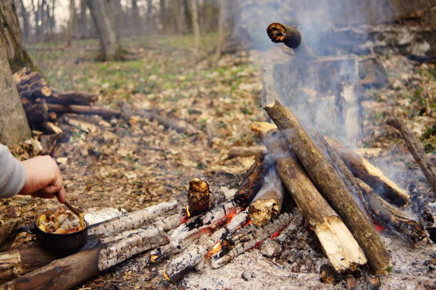 istock Tourist kettle on camp fire with tent on background. hand with stick about fire.a 672867164