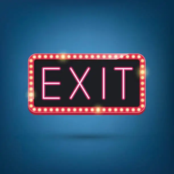 Vector illustration of Exit, Neon bulb, Retro light frame. Vector illustration