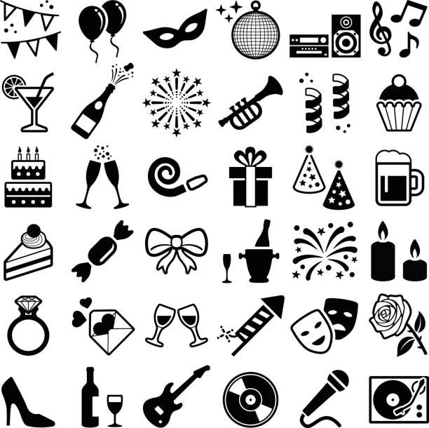 illustrations, cliparts, dessins animés et icônes de icônes de parti et fête - food and drink holidays and celebrations isolated objects birthdays