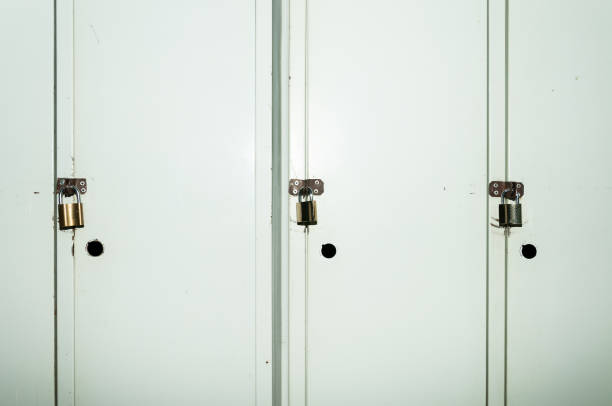 istock Golden padlocks on the metal doors. 672876082