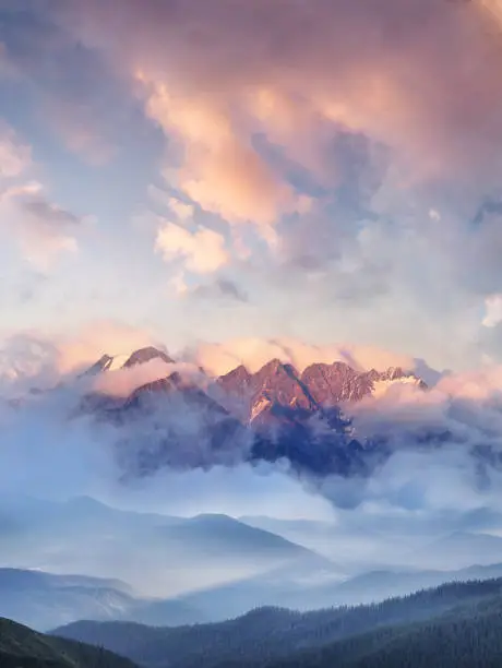 Photo of Mountain range in the clouds. Beautiful natural landscape