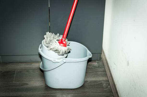 Cleaning equipment and wooden parquet. Cleaning broom
