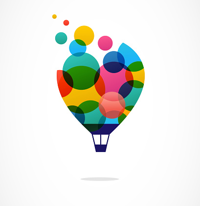 Creative, digital abstract and children style colorful icon of hot air balloon with colorful happy icons, symbols