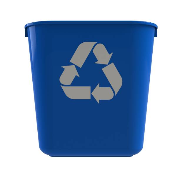 illustrazioni stock, clip art, cartoni animati e icone di tendenza di vista frontale del cestino del riciclaggio blu su sfondo bianco, rendering 3d - krung