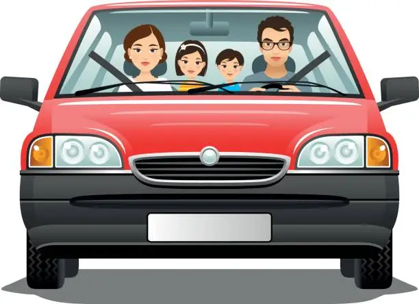 Vector illustration of Family in a car on a white background