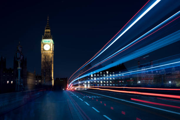 istock Light trails on Westminster bridge in London 672884806