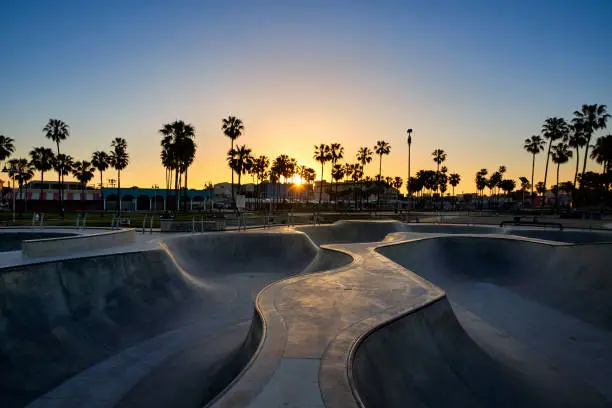 Empty pools in skate park on Venice Beach, California.