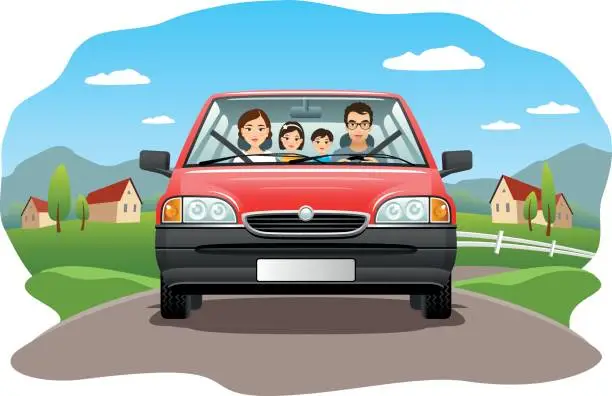 Vector illustration of Family in a car on a country road