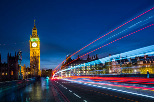 istock Big Ben at night with car light trails 672890658