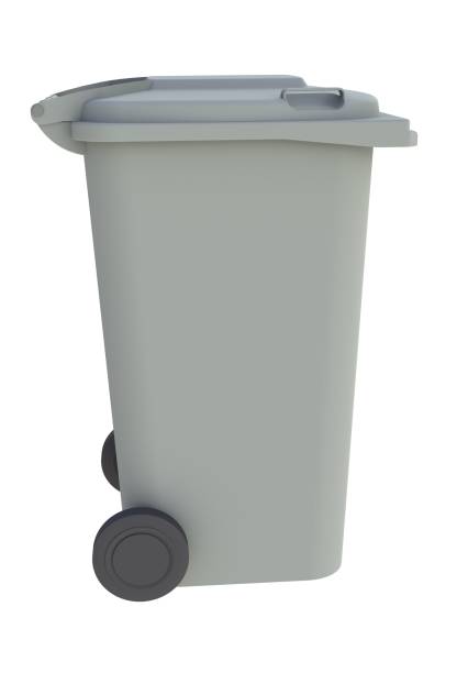 istock Beside view of grey garbage wheelie bin with a closed lid on a white background, 3D rendering 672890932