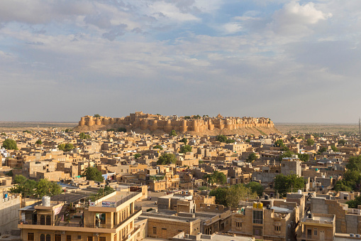 Landscape view of Jaisalmer city and the fort of Jaisalmer, Rajasthan, India.