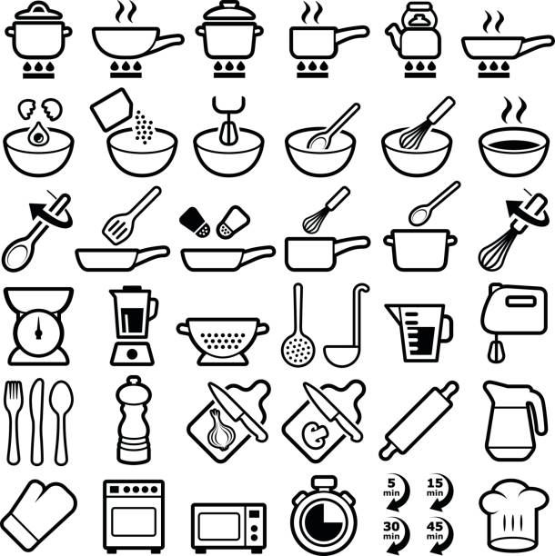 Cooking and kitchen icons Cooking and kitchen icon collection - vector outline kitchen symbols stock illustrations