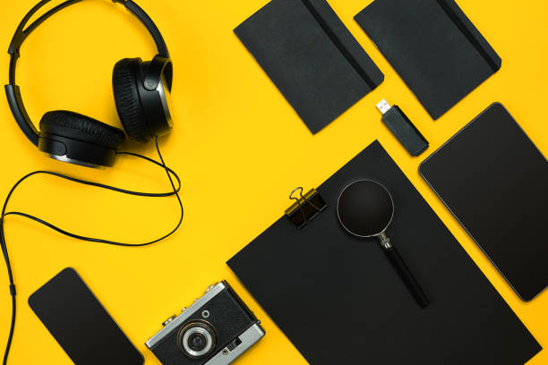 istock Workplace with office items and business elements on a desk. Con 672893386