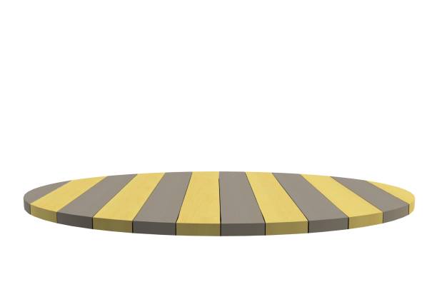 黄色と黒の木製のテーブルまたはカウンターの空の上部は、白の背景に分離されています。製品表示用 - table counter top wood isolated ストックフォトと画像