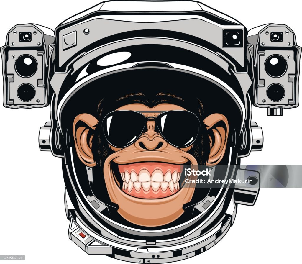 Monkey cheerful astranavt Vector illustration of a funny chimpanzee in an astronaut's suit, on a white background Ape stock vector