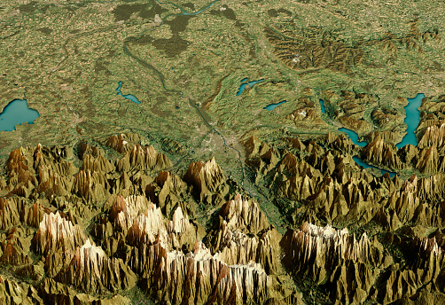 3D Render of a Topographic Map of Salzburg, Austria. Contains modified Copernicus Sentinel data (August 27, 2016) courtesy of ESA. Relief texture SRTM data courtesy of NASA. URL of source images: