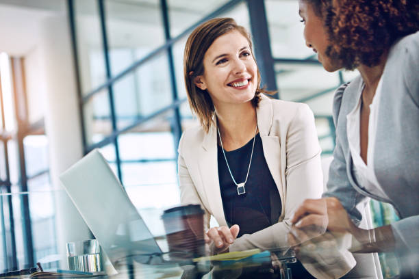 keeping productivity levels up with effective collaboration - business meeting computer two people imagens e fotografias de stock