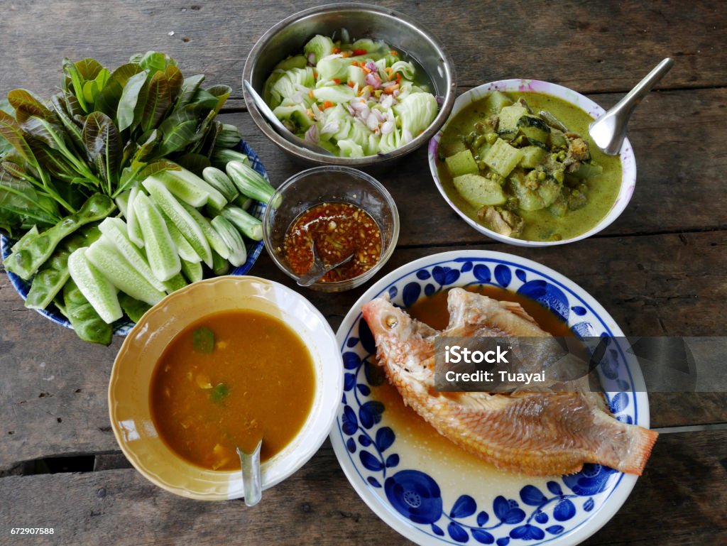 Traditional lunch cuisine food set of southern thai style and boiled seafood Traditional lunch cuisine food set of southern thai style and boiled seafood in countryside house at Phatthalung, Thailand Appetizer Stock Photo