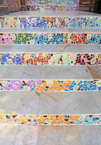 background of stairs with colorful ceramic mosaic, shallow depth of field
