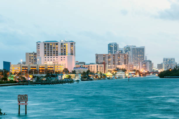istock Hollywood beach skyline at dusk 672915256