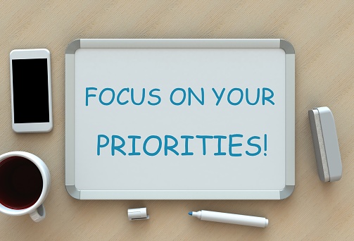 FOCUS ON YOUR PRIORITIES!, message on whiteboard, smart phone and coffee on table