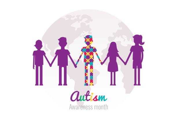 Autism awareness month colorful background with puzzles, kids and planet. Autism awareness month colorful background with puzzles, kids and planet. Blue, yellow and violet puzzles pieces. Vector illustration facilities protection services stock illustrations