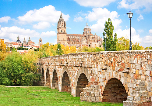 Hermosa vista de la histórica ciudad de Salamanca con Catedral Nueva y puente romano, región de Castilla y León, España photo