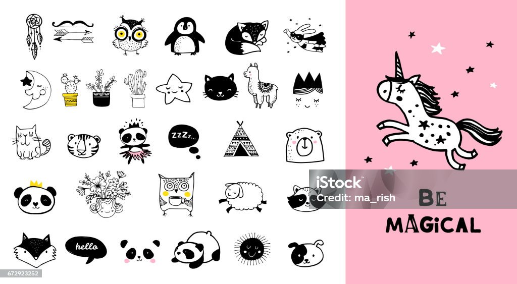 Scandinavian style, simple design, clean and cute black, white illustrations, collection of children doodles, sketches Child stock vector