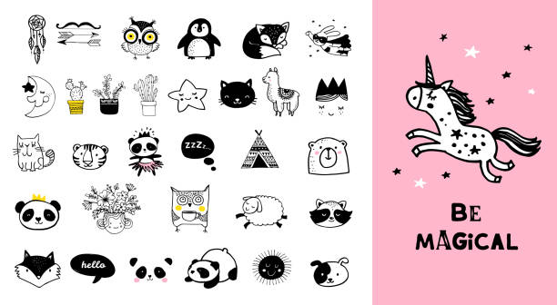 Scandinavian style, simple design, clean and cute black, white illustrations, collection of children doodles, sketches Scandinavian style, simple design, clean and cute black, white illustrations, collection of children doodles, sketches animals tattoos stock illustrations