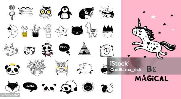 Scandinavian Style Simple Design Clean And Cute Black White Illustrations Collection Of Children Doodles Sketches Stock Illustration - Download Image Now