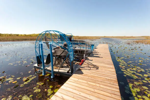 Airboat at a jetty in the Everglades National Park. Florida, United States