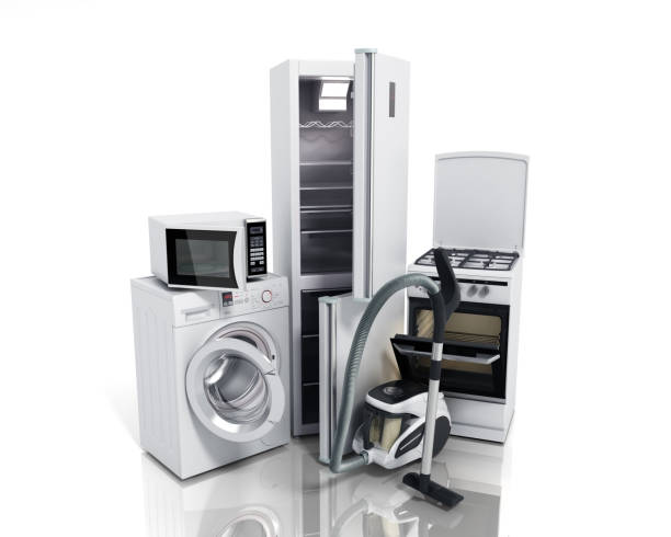 istock Home appliances Group of white refrigerator washing machine stove 672945866