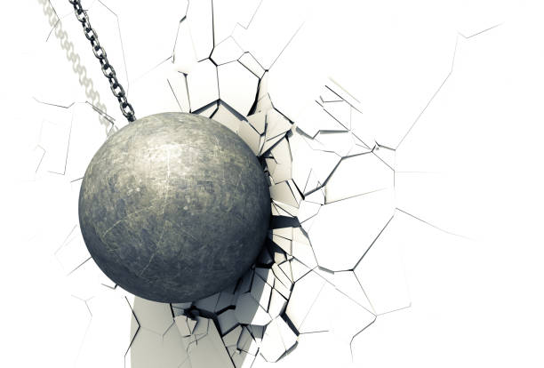 ilustraciones, imágenes clip art, dibujos animados e iconos de stock de wrecking ball shattering the white wall - chain and ball