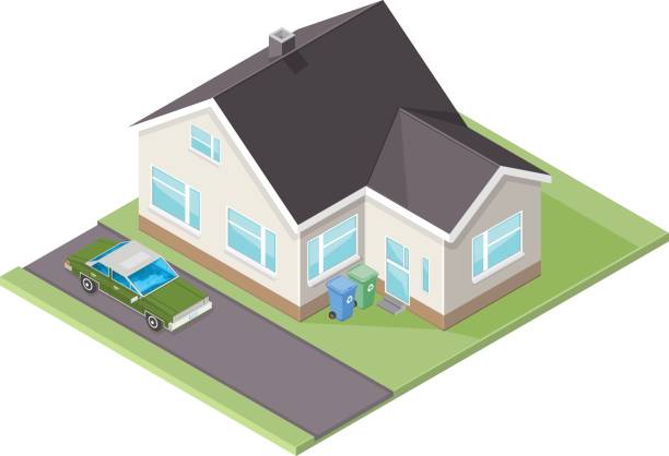 Isometric Modern Family Home Icon. Vector Isometric House illustration with family car. Domestic home with garden and family transport. Driveway stock illustrations