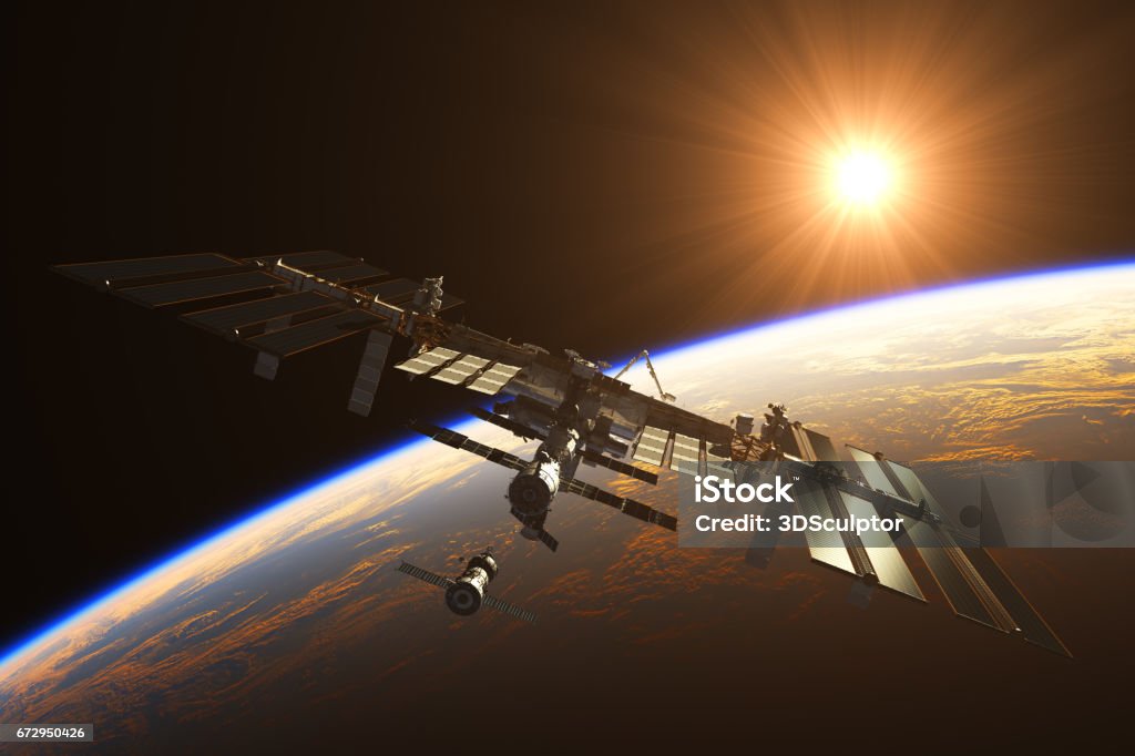 International Space Station On The Background Of Rising Sun International Space Station On The Background Of Rising Sun. 3D Illustration. International Space Station stock illustration