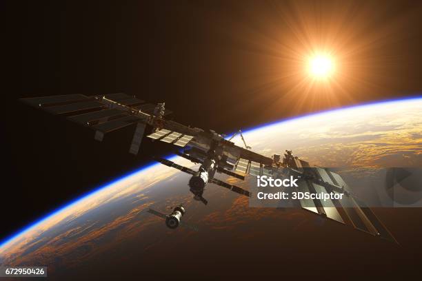 International Space Station On The Background Of Rising Sun Stock Illustration - Download Image Now